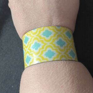 Brass Yellow White Blue Geometric Clover Design Cuff Bangle Statement Bracelet